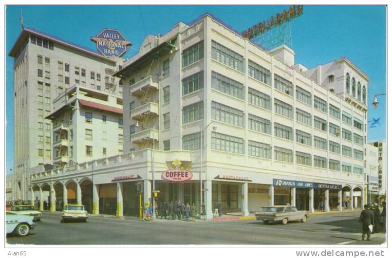 Phoenix AZ Arizona, Street Scene, Auto, Hotel Adams, Coffee Sign, Bank, On C1960s Vintage Postcard - Phoenix