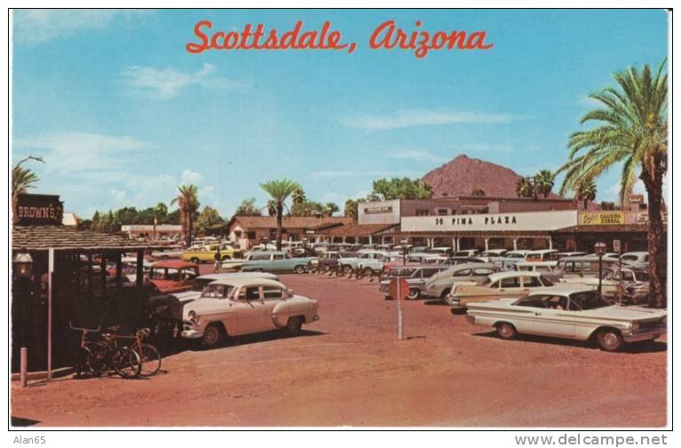 Scottsdale AZ Arizona, Shopping District Dirt Street Auto On C1950s60s Vintage Postcard - Scottsdale