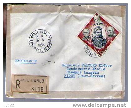 Monaco - Lettre Recommandée CAD Monte Carlo 19-05-1958 /Tp 501 Soubirous + Bande 496 497 & 498 CAD Niort 1959 Erreur !! - Lettres & Documents