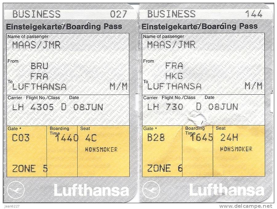 Boarding Pass - Brussels-Frankfurt-Hong Kong - LH4305/LH730 - 08JUN1997 - Tarjetas De Embarque