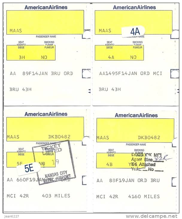 Boarding Pass - Brussels-Chicago-Kansas City-Chicago-Brussels - American Airlines - JAN1990 - Bordkarten