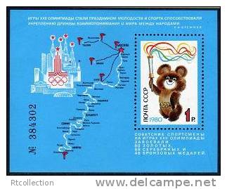 USSR Russia 1980 Completion Olympic Games Moscow Emblem Mischa Map Bear Sports S/S Stamp MNH SG MS 5049 Michel Bl.148 - Bears