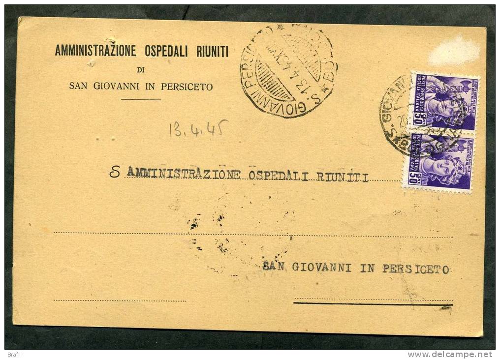 1945 Italia, 13.04.1945 Ricevuta Di Ritorno Da San Giovanni In Persiceto Per Milano - Poststempel