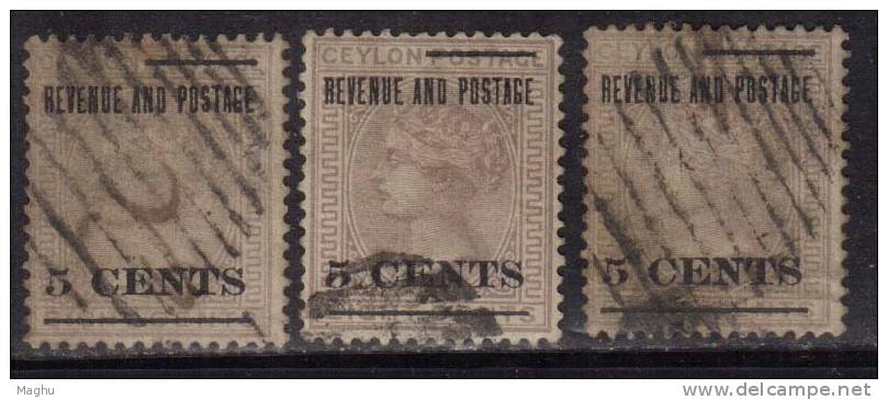 Ceylon Used 1885, T25 POSTAGE AND REVENUE, 3 Diff., Shades,  Surcharge 5 CENTS On 8c Lilac - Ceylon (...-1947)