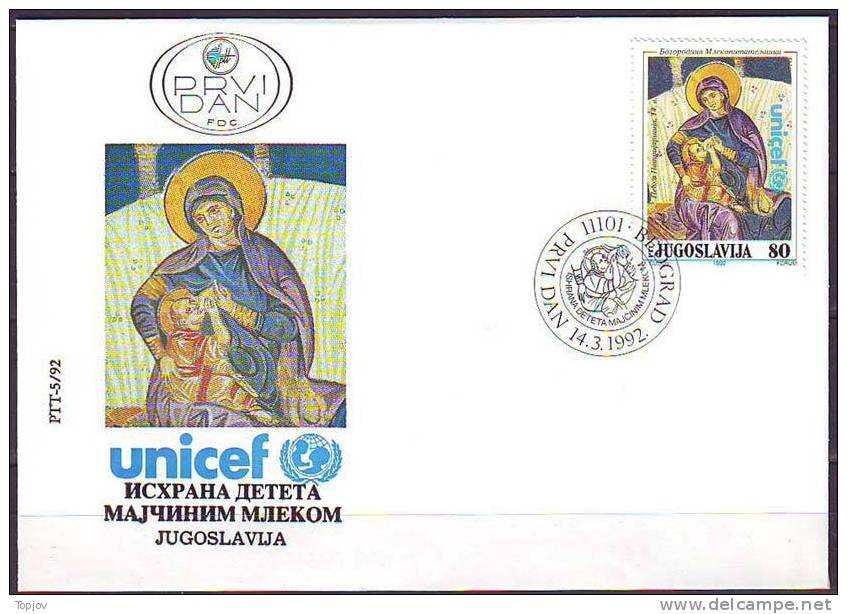 YUGOSLAVIA - JUGOSLAVIJA  - FDC - UNICEF - RELIGIOUS FIGURE - BREASTFEEDING  -1992 - UNICEF