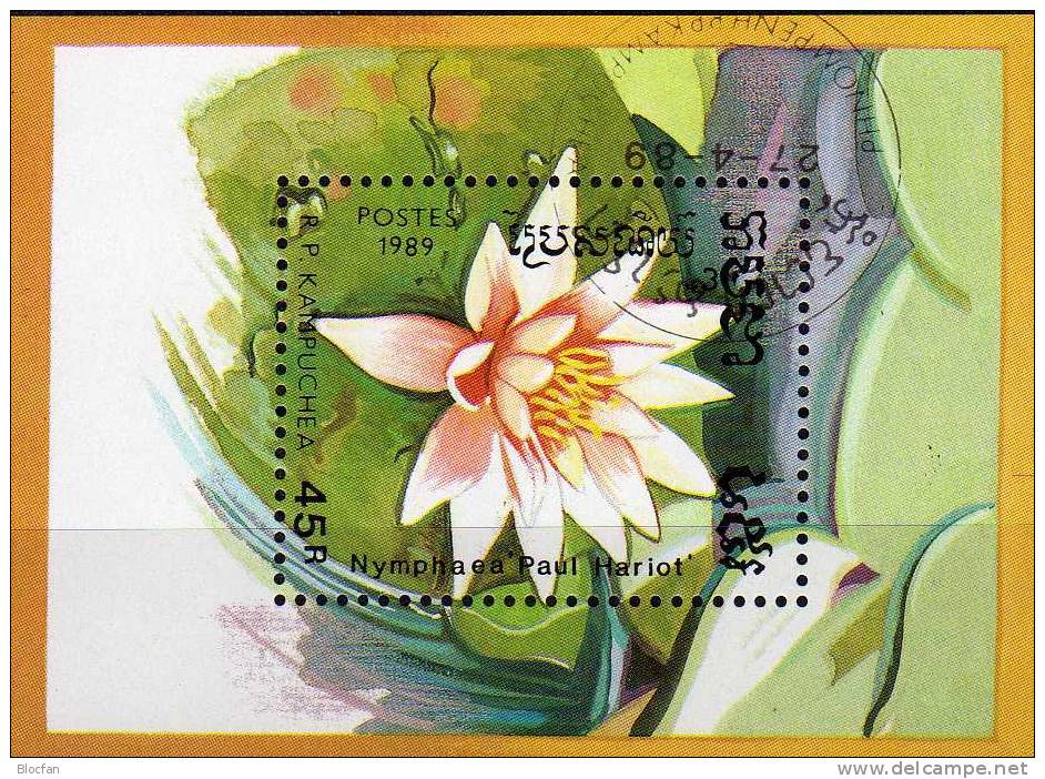 Naturschutz Nymphaea Capensis Rosa 1989 Kampuchea Block 166 O 1€ Mit See-Rose Hariot Flower Bloc Roses Sheet Of Cambodge - Kambodscha