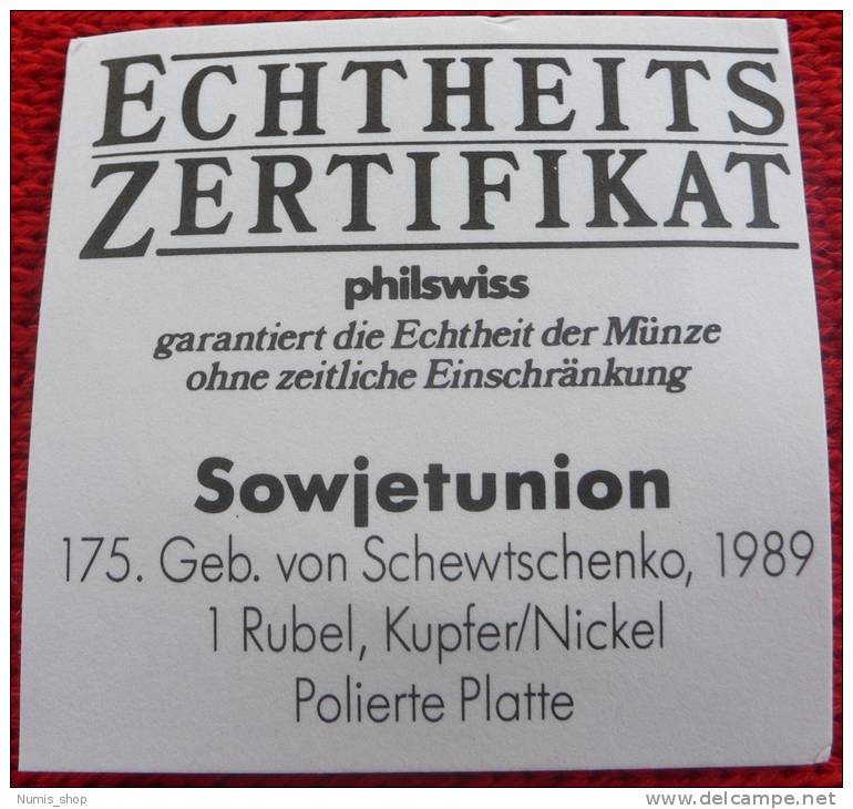 UdSSR - CCCP - 1 Rubel - 1989 - 175. Geb. Von Schewtschenko - PP - Mit Zertifikat! - Russie