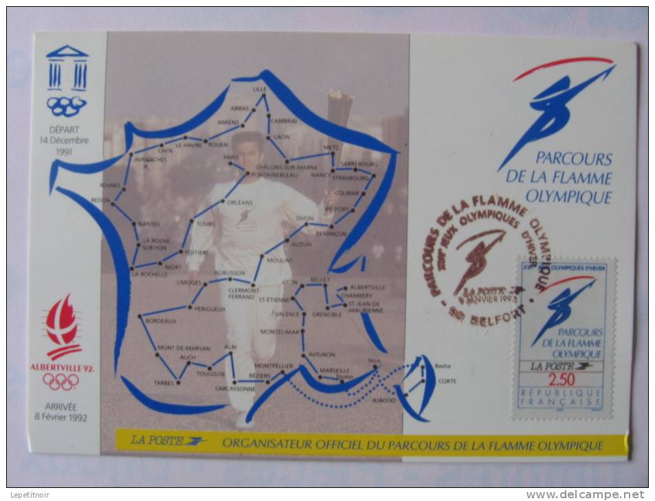 Publicitaire La Poste Parcours Flamme Jeux Olympique D’Albertville Et De La Savoie 1992 Avec Cachet Type C - Sports D'hiver