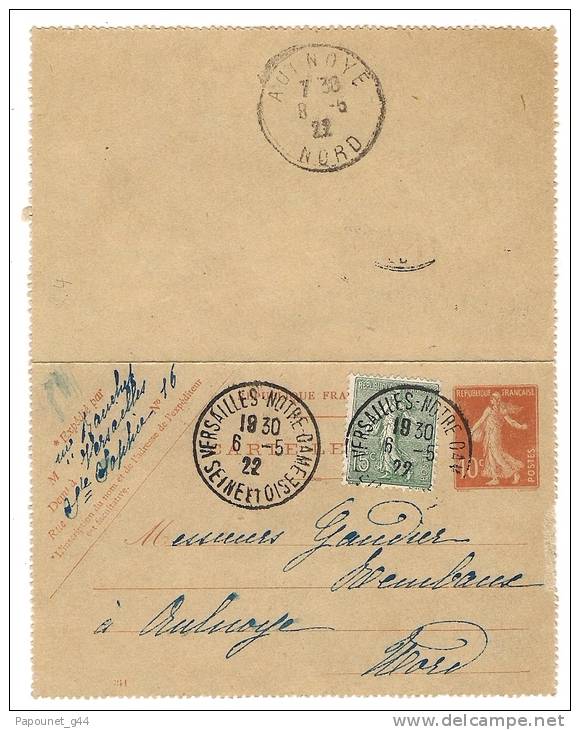 Carte Lettre 1922 Entier  Postal 10c Semeuse Complément 15c  Versaille Pour Aulnoye - Kaartbrieven