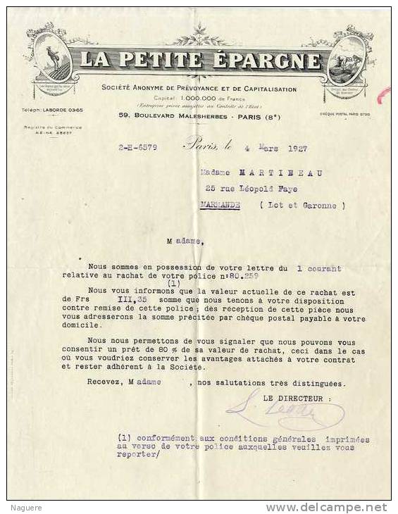 LA PETITE EPARGNE  PARIS  -   LETTRE COMMERCIALE 1927 - Bank & Insurance