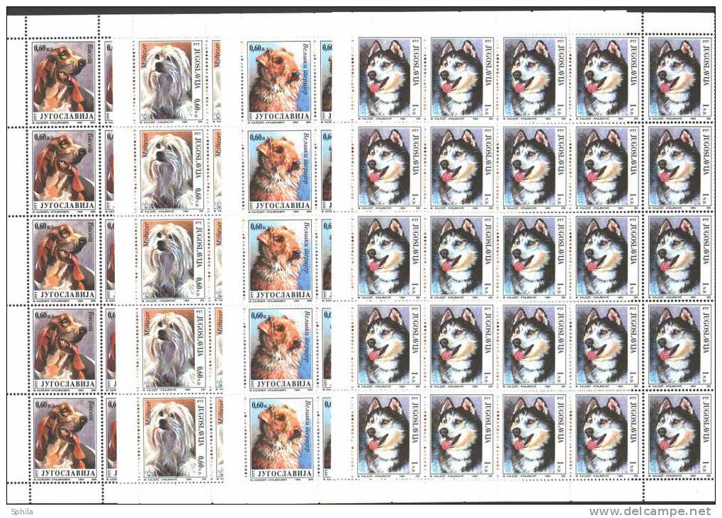 Jugoslawien – Yugoslavia 1994 Animals – Dogs In Full Sheets Of 25 MNH; Michel # 2662-65 - Neufs