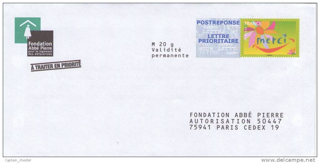 POSTREPONSE FONDATION ABBE PIERRE Neuf ( 08P432 Repiquage " Merci " ) - Listos A Ser Enviados: Respuesta