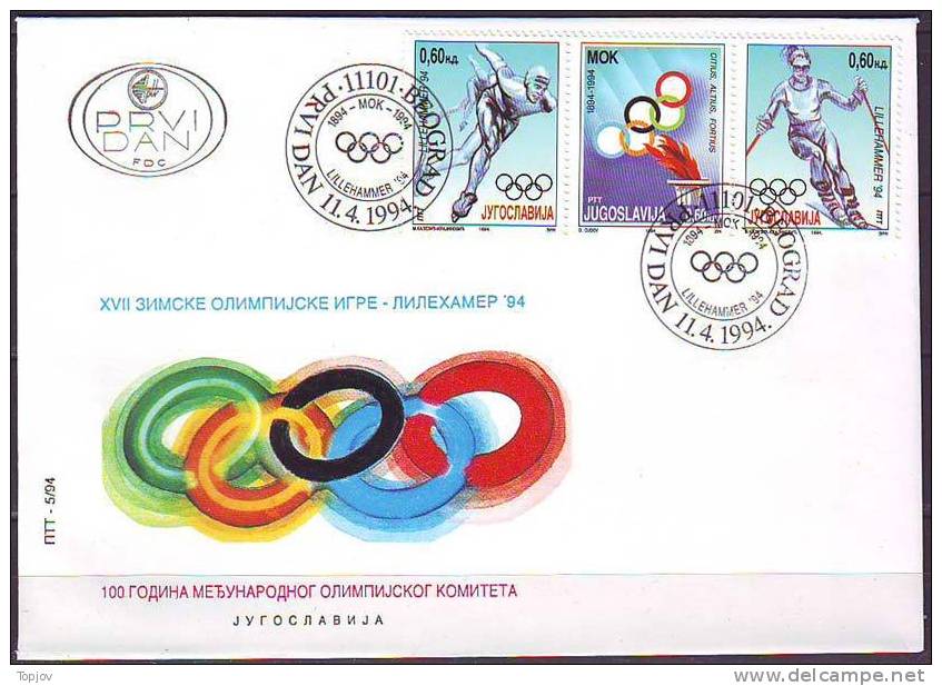 YUGOSLAVIA - JUGOSLAVIJA  - FDC - 100y OF INTERNATIONAL OLYMPIC COMMITTEE  - 1994 - Invierno 1994: Lillehammer