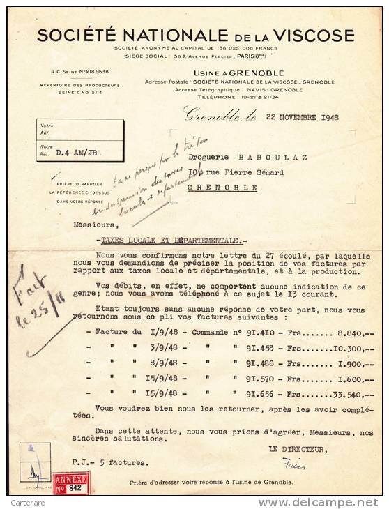 Lettre,facture,isere,Soci été Nationale De La Viscose,usine à Grenoble En 1948,aprés Guerre,pour Droguerie BABOULAZ,sign - Documents Historiques