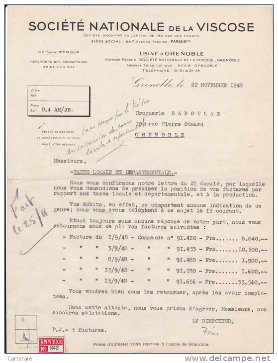 Lettre,facture,isere,Soci été Nationale De La Viscose,usine à Grenoble En 1948,aprés Guerre,pour Droguerie BABOULAZ,sign - Documentos Históricos