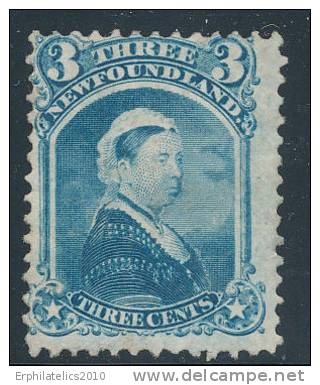 CANADA NEWFOUNDLAND QUEEN VICTORIA 1870 3 CENTS BLUE SC# 34 NICE BUT FAULTY BACK - 1857-1861