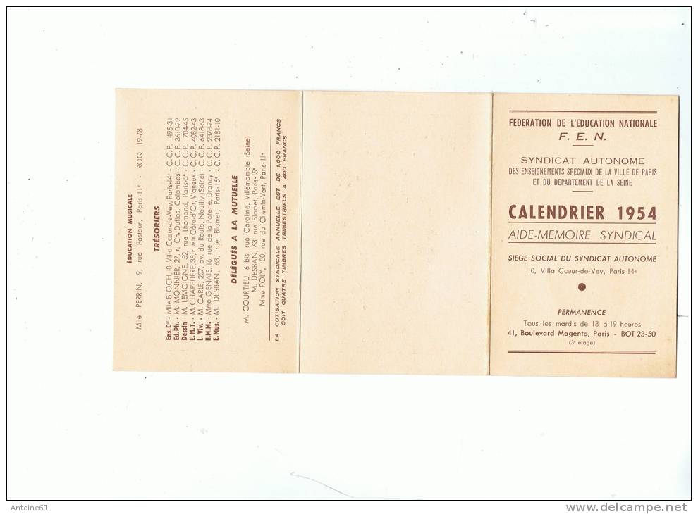 CALENDRIER 3 Volets --F.E.N.- Sindycat  Autonome Des Enseignements Spéciaux De L'education Nationale - Small : 1941-60