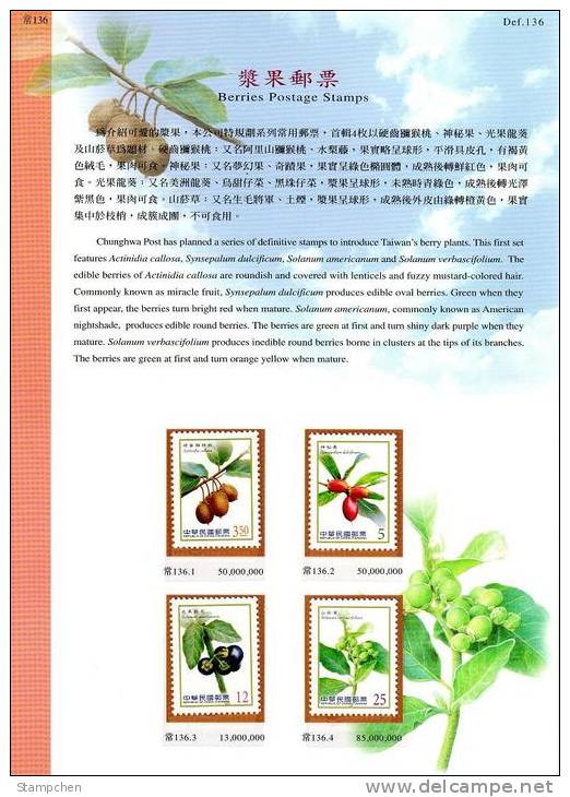 Folder Taiwan 2012 Berries Stamps (I) Berry Flora Fruit Plant - Neufs