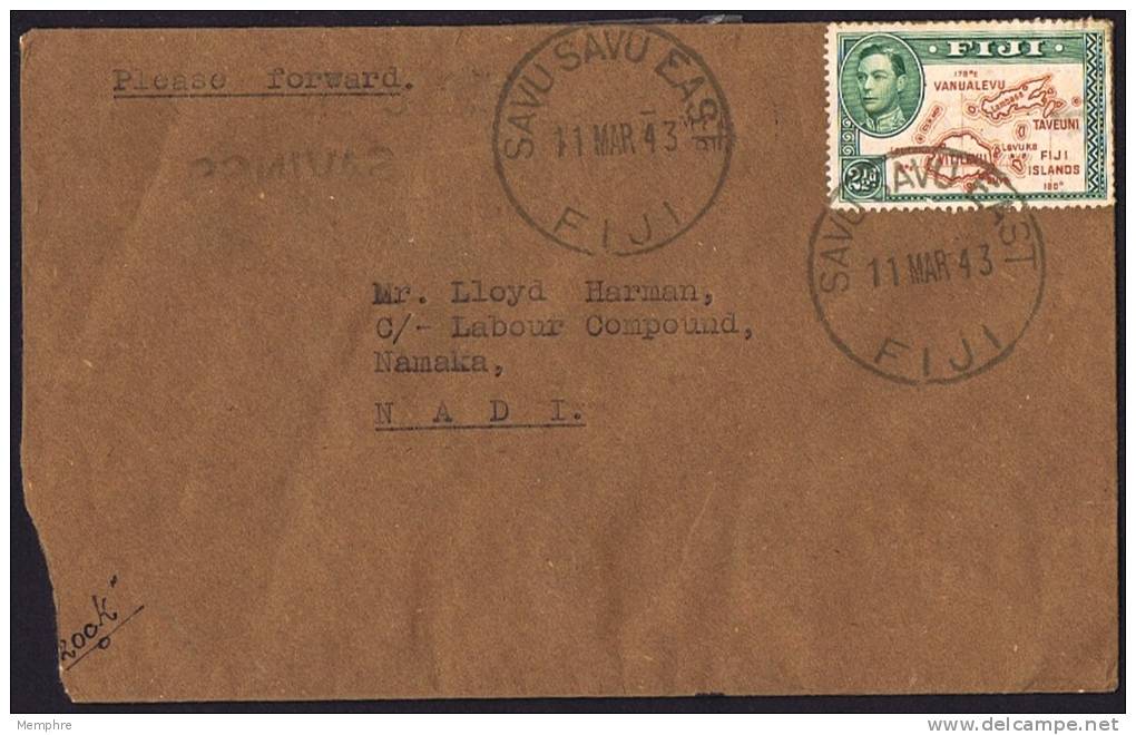 1943 Letter From Savu Savu East To Nadi Rare Die 2  2d (with &nbsp;180&ordm;) SG 254  On Turned Over Envelope - Fiji (...-1970)