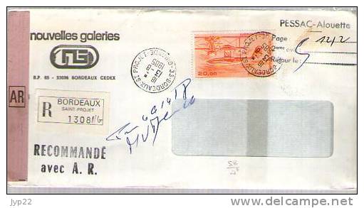 France Lettre Recommandée A.R. Nouvelles Galeries CAD Bordeaux Saint Projet 13-08-1985 Tp P.A. 58 Hydravion Pour Pessac - Lettres & Documents