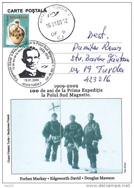 FIRST EXPEDITION TO SOUTH POLE CELEBRATION,  2009, SPECIAL CARD, OBLITERATION CONCORDANTE, ROMANIA - Erforscher