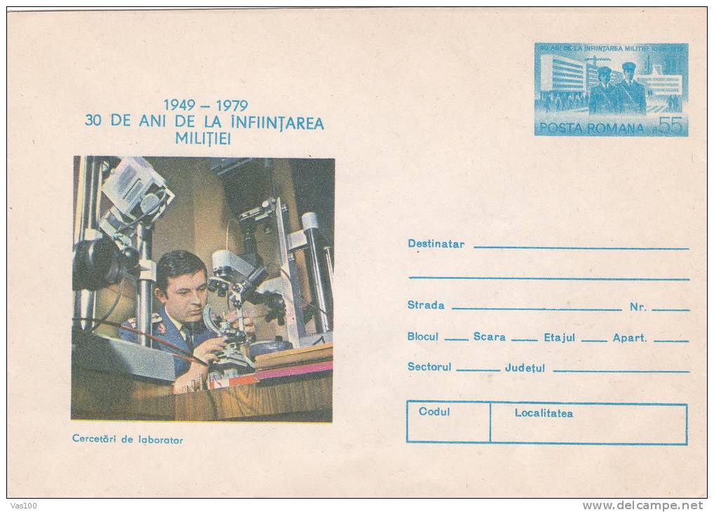 MICROSCOPE, POLICE CELEBRATION, 30 YEARS, 1979, COVER STATIONERY, ENTIER POSTALE, UNUSED, ROMANIA - Police - Gendarmerie