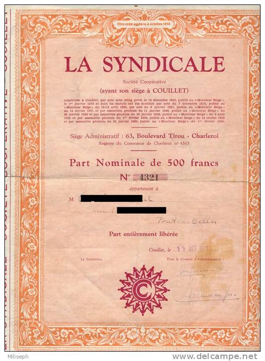 ACTION Nominative 500 Francs - LA SYNDICALE - Charleroi - Couillet - Achats Ventes Fabrication - 1960 -         (1897) - Industrie