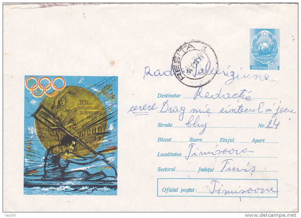 ROVING, OLYMPICS MUNCHEN, 1972, COVER STATIONERY, ENTIER POSTALE, SENT TO MAIL, ROMANIA - Rafting