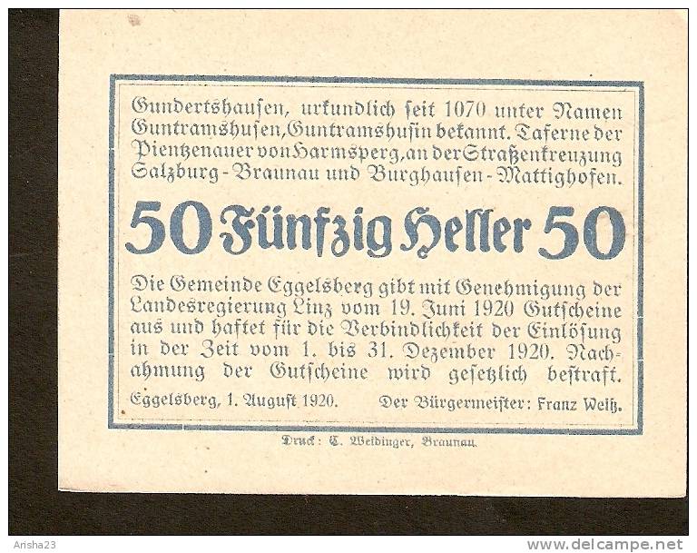 Austria, Gutschein Der Gemeinde EGGELSBERG - 50 Heller 1920 - Austria