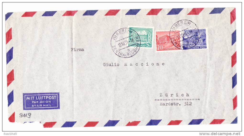 13.12.1951   -  Bedarfsbeleg (Luftpostkuvert Lang), Gelaufen Von Berlin Nach Zürich  -  Siehe Scan  (De 9119) - Covers & Documents