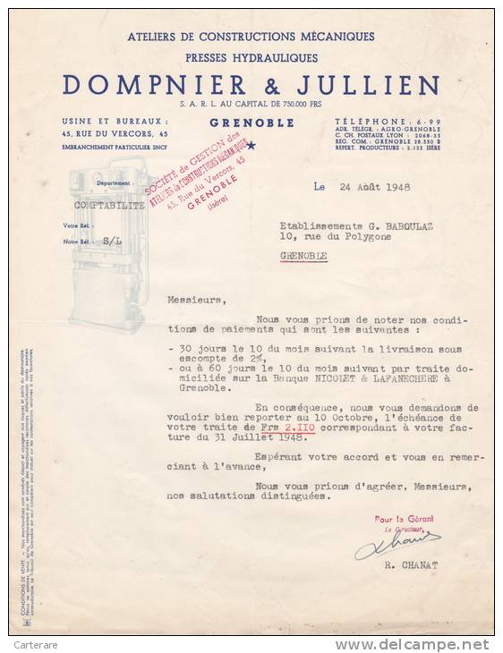 Lettre,facture Ancienne,isere,GRENOBLE En 1948,ATELIERS DE CONSTRUCTIONS MECANIQUE,DOMPNIER ET JULIEN,metallurgie - 1900 – 1949