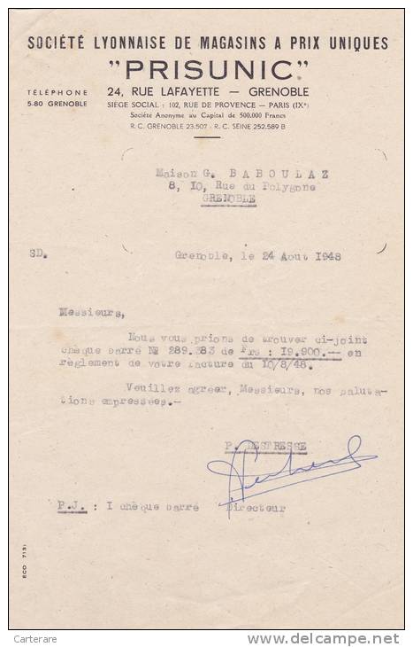 Lettre,facture Ancienne,vieux Papiers,PRISUNIC DE GRENOBLE,ISERE,EN 1948,pour La Doguerie BABOULAZ,GROSSISTE,metier - 1900 – 1949