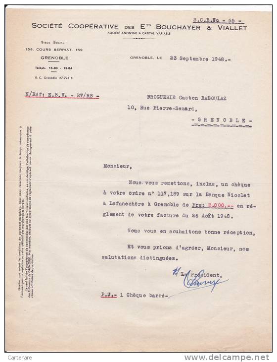 Lettre,facture Ancienne,vieux Papiers,société Coopérative Etabissement BOUCHAYER ET VIALLET,1948,isere,grenoble,metier - 1900 – 1949