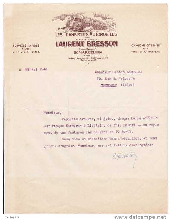 Lettre,facture Ancienne,vieux Papiers,LES TRANSPORTS AUTOMOBILES,LAURENT BRESSON EN 1948,ISERE,SAINT MARCELLIN,routier - 1900 – 1949