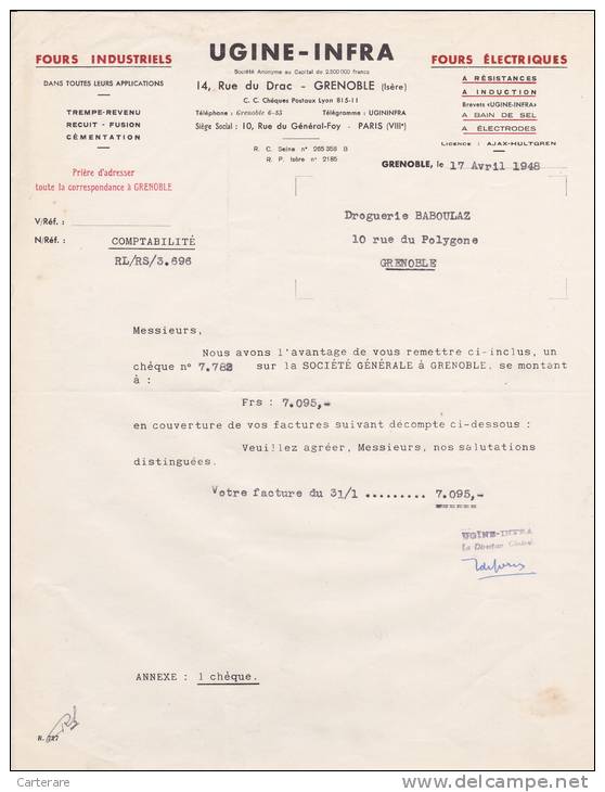 Lettre,facture Ancienne,vieux Papiers,isere,grenoble En1948,UGINE-INFRA,FABRICANT DE FOURS ELECTIQUES,INDUSTRIELS,metier - 1900 – 1949