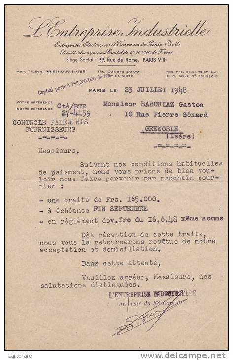 Lettre,facture Ancienne,vieux Papiers,isere,grenoble 1948,pour Droguerie BABOULAZ,L'entreprise Industrielle De PARIS - 1900 – 1949