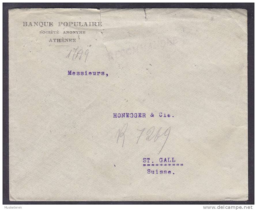 Greece BANQUE POPULAIRE Athénes Registered Recommandée Einschreiben 1926 Cover To ST. GALLEN Switzerland (2 Scans) - Lettres & Documents