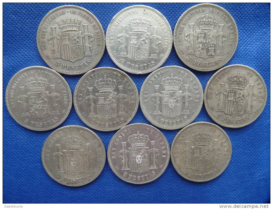 España Spain Super Grand 10 X5 Pesetas 3Kings 1870-71-75-76-77-78-82-83 -84-85 250g Plata Silver Argent 0,900. See Image - Verzamelingen