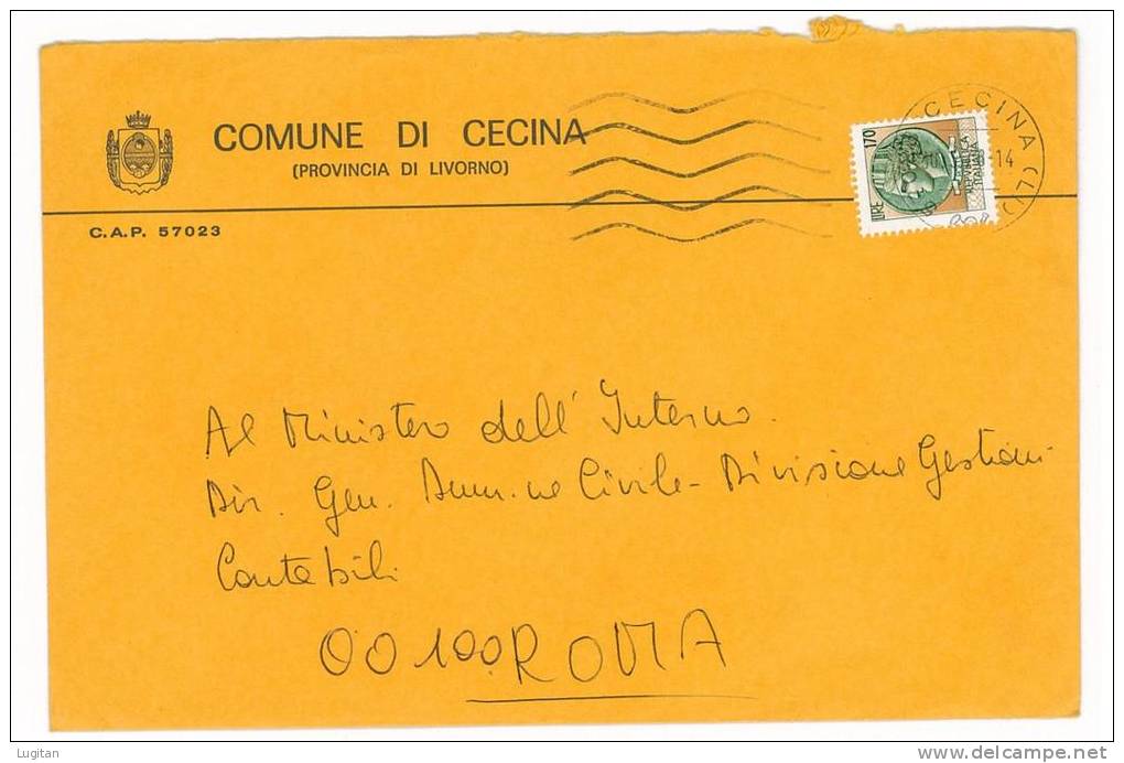 CECINA CAP 57023 - ANNO 1978 - LS  - LIVORNO - TOSCANA  -TEMATICA COMUNI D'ITALIA - STORIA POSTALE - Macchine Per Obliterare (EMA)