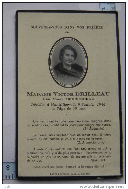 Avis De Décès, Souvenir Mortuaire : Madame Victor Drilleau Née Marie Bouchereau, Montilliers 9 Janvier 1946 - Images Religieuses