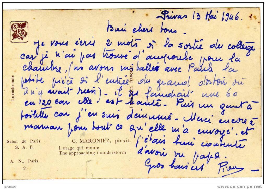 G. MARONIEZ Salon De Paris "L´orage Qui Monte"   --écrite Le 13 Mai 1946-- - Bourses & Salons De Collections