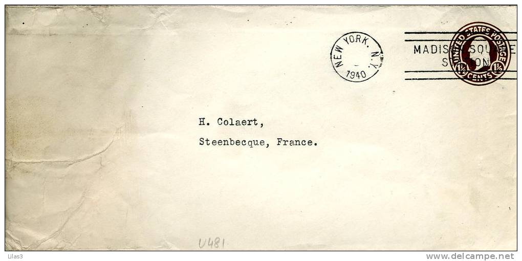 Entier Postal 1.5 Ct Marron Oblitération New York Madison Square Station 1940 Pour La France - 1921-40