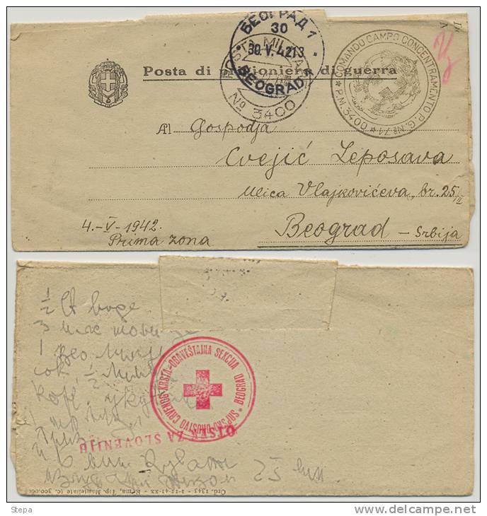 WW II ITALY-SERBIA-GERMANY, RED CROSS-POW CAMP CENSORED LETTER P.M.3400-BELGRADE 1942 RARE!!!!! - Other & Unclassified