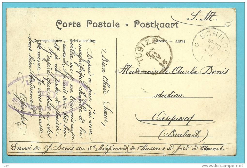 Kaart Sterstempel * SCHILDE * Op 19/08/1914 Naar TIBIZE Op 21/04/1915 !! (Offensief W.O.I),censuur BRUSSEL (retarde) !! - Niet-bezet Gebied