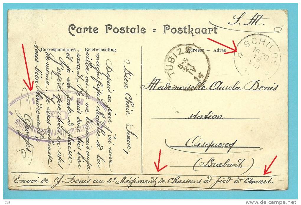 Kaart Sterstempel * SCHILDE * Op 19/08/1914 Naar TIBIZE Op 21/04/1915 !! (Offensief W.O.I),censuur BRUSSEL (retarde) !! - Unbesetzte Zone