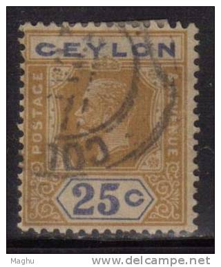 Ceylon Used 1921, Wmk Script CA,  KGV 25c Yellow And Blue - Ceylon (...-1947)