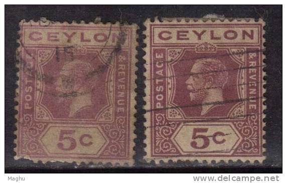 Ceylon Used 1921, Wmk Script CA, KGV 5c 2 Diff., Shades - Ceylan (...-1947)