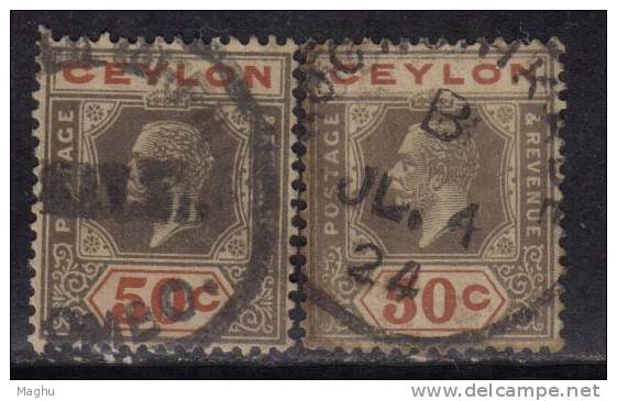 Ceylon Used 1921, Wmk Script CA, KGV 50c 2 Diff., Shades, Black And Scarlet - Ceylan (...-1947)
