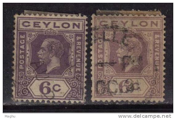 Ceylon Used  1922, Wmk Scirpt CA, KGV 6c X 2 Diff. Voilet - Ceylan (...-1947)