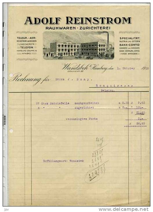 FACTURE : WANDSBEK B/ HAMBURG . ADOLF REINSTROM .RAUHWAREN - ZURICHTEREI . 1935 . - Otros & Sin Clasificación